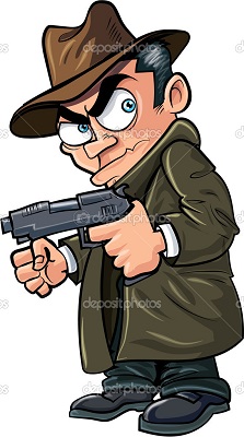 Cartoon gangster with a gun and hat. Isolated